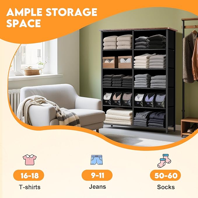 Curved Profile Dresser for Bedroom, Chest of Drawers, 10 Storage Drawers