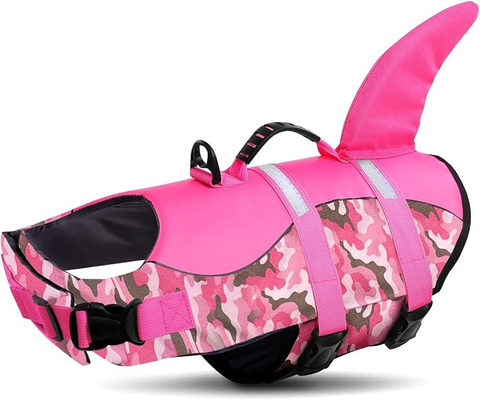 Dog Life Jacket Ripstop Dog Shark Safety Vest Adjustable Preserver with High Buoyancy and Durable Rescue Handle for Small,Medium,Large Dogs, Pink Camouflage Small