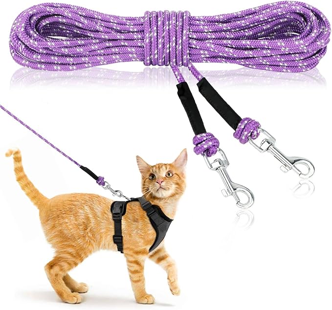 Rypet Reflective Cat Long Leash - 30 FT Escape Proof Walking Leads Yard Long Leash Durable Safe Personalized Extender Leashes Traning Play Outdoor for Kitten, Puppy, Rabbit and Small Animals(Purple-M)