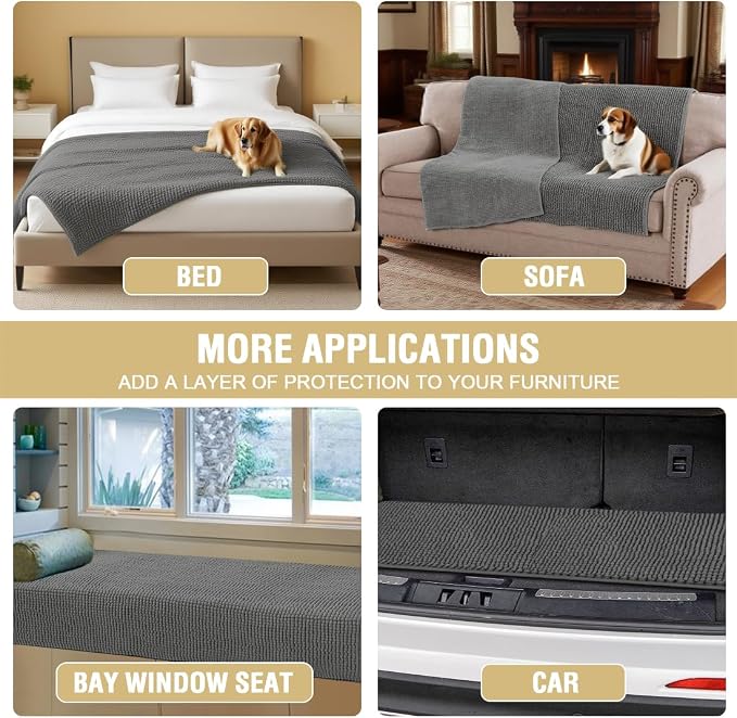 H.VERSAILTEX Plush Chenille Couch Cover for Dogs Pets Blanket for Bed Anti-Slip Soft and Durable Furniture Protector for Small Medium Large Cats Washable (52" x 82", Grey)