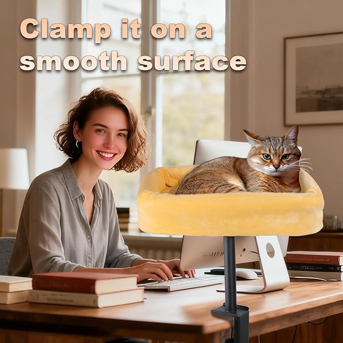 Cat Desk Bed, Sturdy Cats Bed for Desk with Washable Cover, Dual-Sided Breathable Summer & Winter, Comfortable Soft Pet Nest Bed with Reinforced Steel Frame, Easy Assembly for Home Office/Study Room