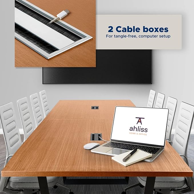 ahliss Sturdy Conference Table with Cable Management Grommets Modern Rectangle Office Meeting Table with Wood Tabletop and Metal Frame & Legs- Easy Assembly Boardroom Table (Natural, 8 Foot)