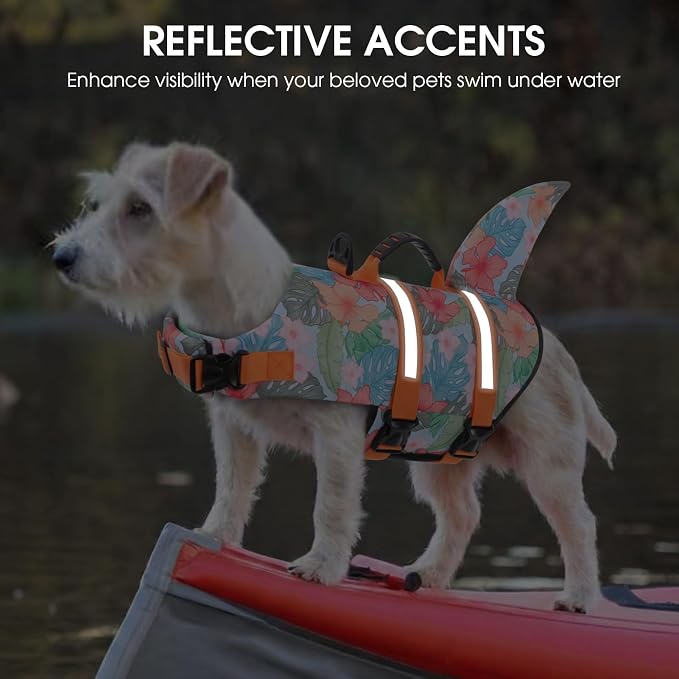 Dog Life Jacket High Flotation, Reflective Dog Life Vest for Swimming, Adjustable Dogs Life Preserver Rescue Handle Spring Summer Pool for Small, Medium, Large Dogs (HawaiiOrange,S)