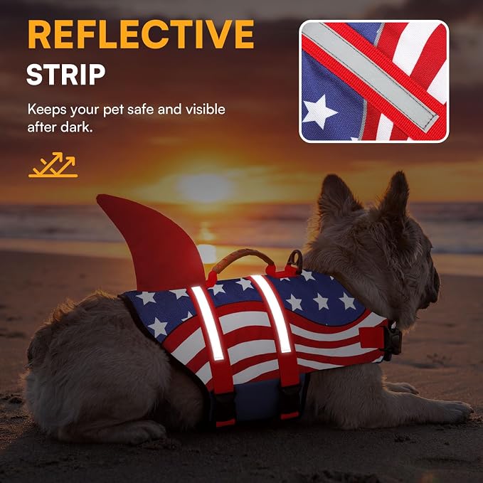 Shark Dog Life Vest for Swimming, Pet Life Vests for Boating, High Buoyant DogLife Jacket, Ripstop High Flotation Swimsui for Small, Medium, Large Dogs (USA Flag,XXL)