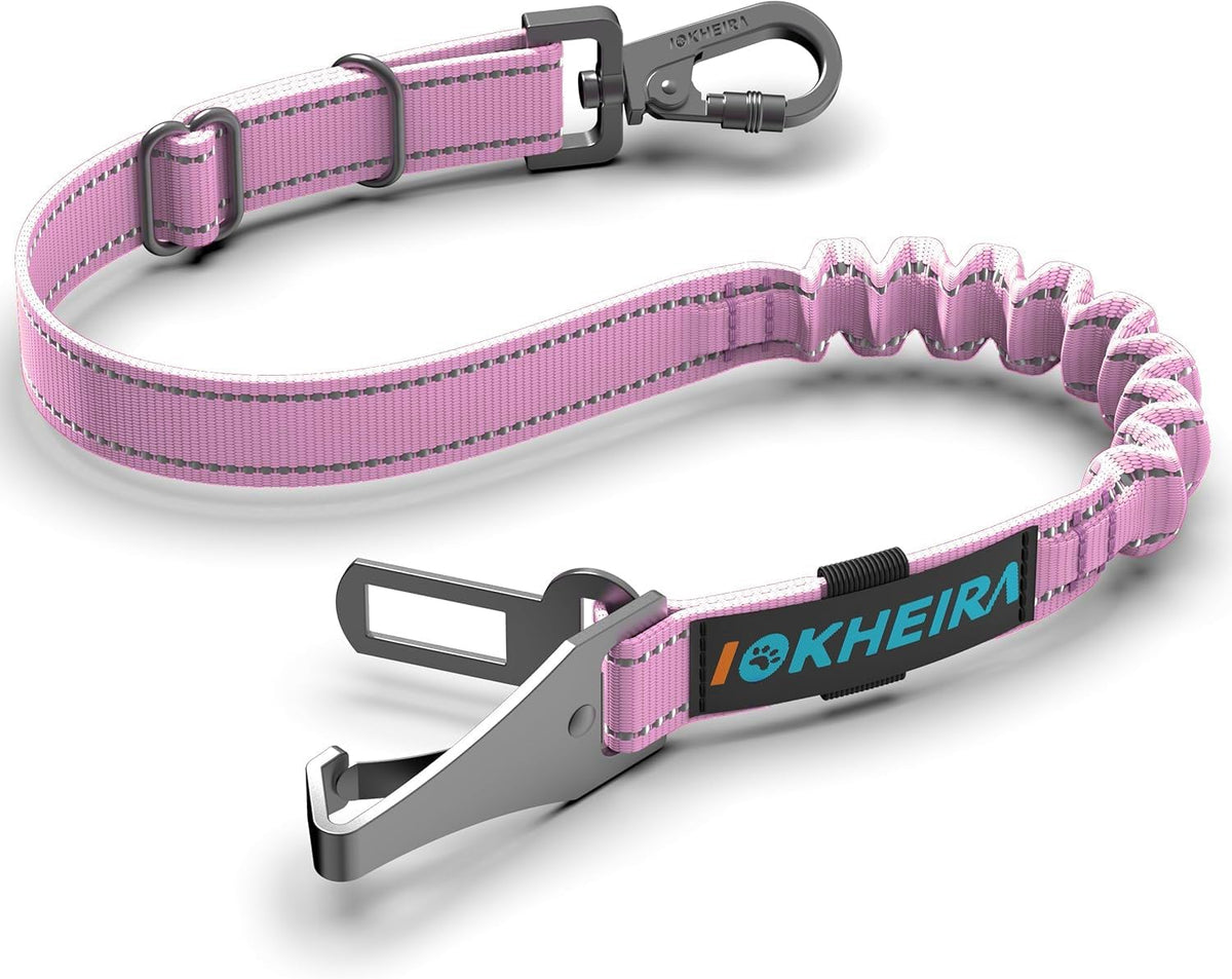 IOKHEIRA Dog Seat Belt 3-in-1 Car Harness for Dogs Adjustable Safety Seatbelt for Car Nylon Reflective Bungee Fabric Dog Car Harness with Clip Hook Latch & Buckle, Swivel Zinc Alloy Carabiner (Pink)