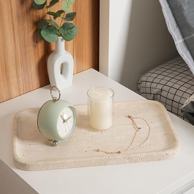 Travertine Vanity Tray, Stone Bathroom Tray for Countertop, 14'' Marble Decorative Dresser Trays, Large Serving Trays for Kitchen Counter, Storage for Kitchen Sink, Perfume, Jewelry Holder