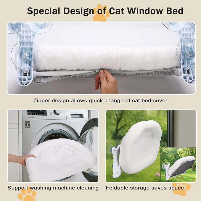 Cat Window Perch with 6 Strong Suction Cups,Includes Summer and Winter Removable Cushion - No Drill Installation,50LBS Support Foldable Cordless Cat Beds for Indoor Cats(Medium)