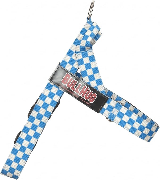 Adjustable Dog Harness– No Pull, No Choke – for English Bulldogs, French Bulldogs, Pugs & Broad-Chested Breeds – Easy, Safe Walks (Blue Checkers, Small)