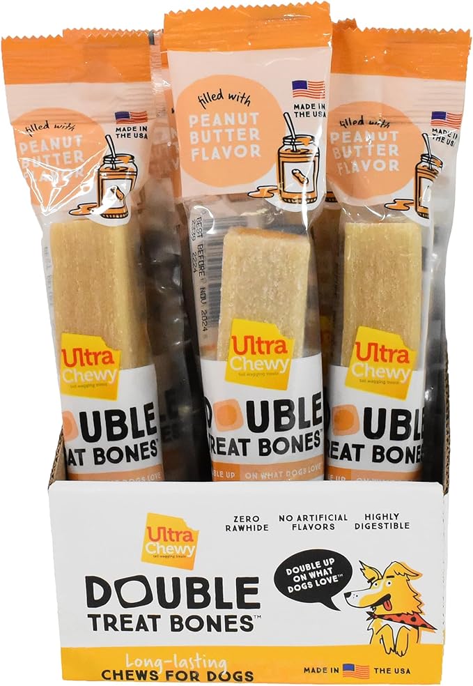 Ultra Chewy Peanut Butter Double Treat Bones: Long-Lasting Dog Treats Made in USA for Large and Small Breeds, Highly Digestible, Ideal for Aggressive Chewers (24 Count)