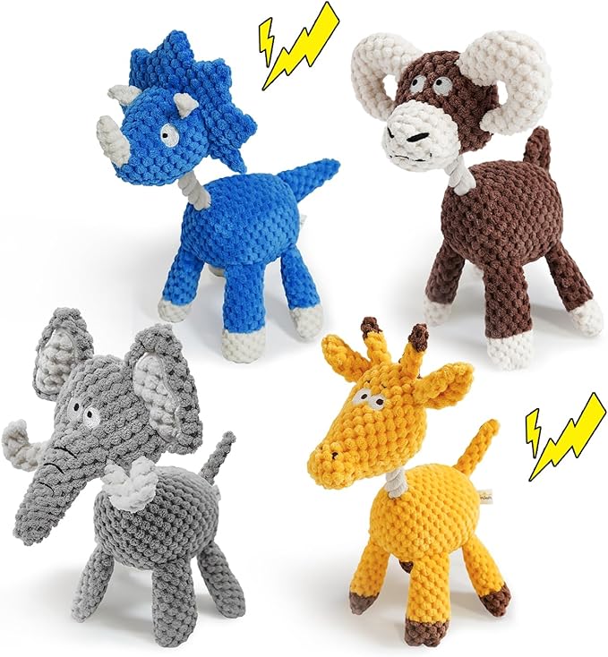 4-Pack Squeaky Dog Toys Set Plush Dog Toy with Rope for Small Medium Dogs Bundle Dog Chew Toys; Giraffe, Elephant, Cow and Dinosaur Interactive Dog Toy Stuffed Animals Toys to Keep Them Busy
