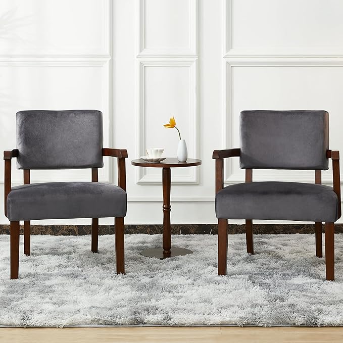 Accent Chair Set of 2 with Table, Living Room Chairs with VelvetSoft Seat and Armrests for Living Room Bedroom Reading Room Waiting Room (Greyvelvet)