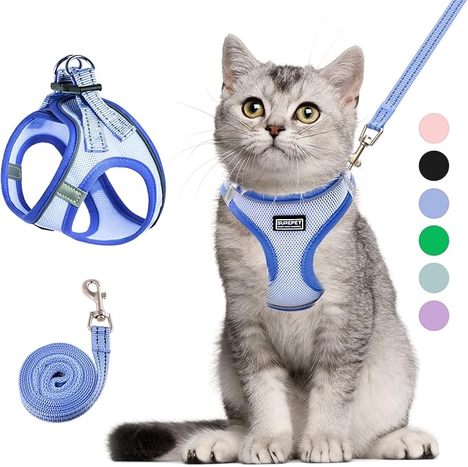 Cat Harness and Leash Set, Soft and Breathable Vest with Reflective Strip, Escape Proof Kitten Harness, Easy to Wear for Cats Walking and Traveling (Blue, M)