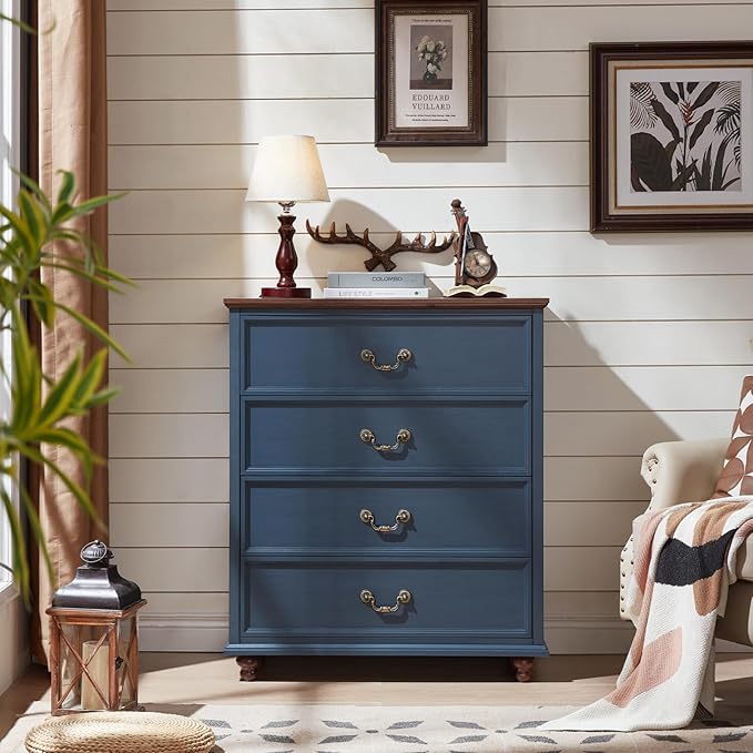 24" Wide Farmhouse Nightstand with Charging Station Set of 2,54" 7 Drawers Dresser, 37" Tall Rustic Chests of Drawers, Farmhouse Furniture Series for Bedroom,DarkBlue
