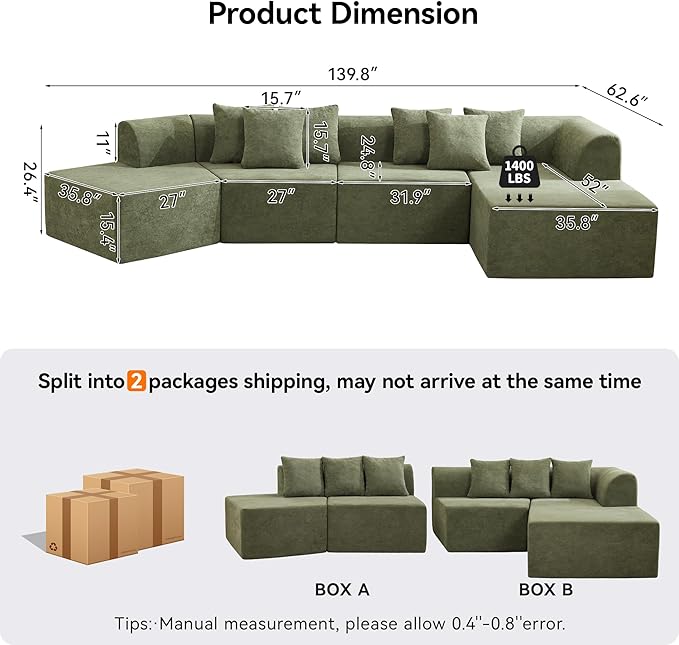 140''Oversized Cloud Velvet Curved Sectional Couch, Boneless Couch with L-Shape Chaise, Upholstered Compression Memory Foam Modular Sectional Sofa for Living Room, No Assembly Required, Green