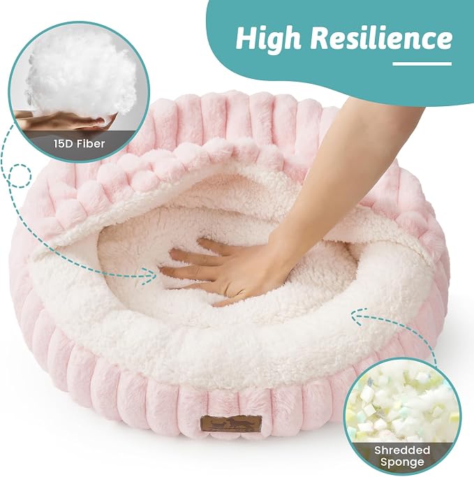 Cat Bed with Hooded Blanket, Round Fluffy Anti-Anxiety Pet Bed for Cats/Small Dogs, Cozy Donut Cuddler with Machine Washable Faux Fur & Anti-Slip Bottom(23"×23"×6",Pink)