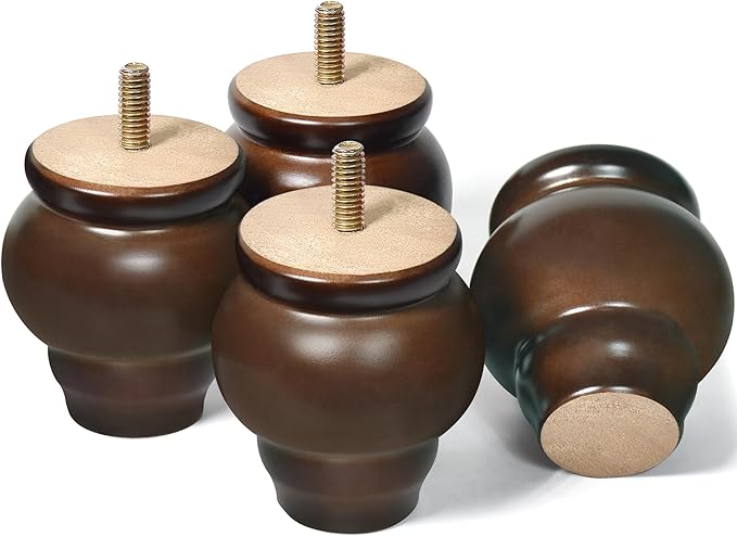 AORYVIC Furniture Legs, Wood Sofa Legs, Turned Couch Legs, Round Furniture Feet for Dresser, Sideboard, Recliner, Coffee Table (Dark Brown, 3 inch)