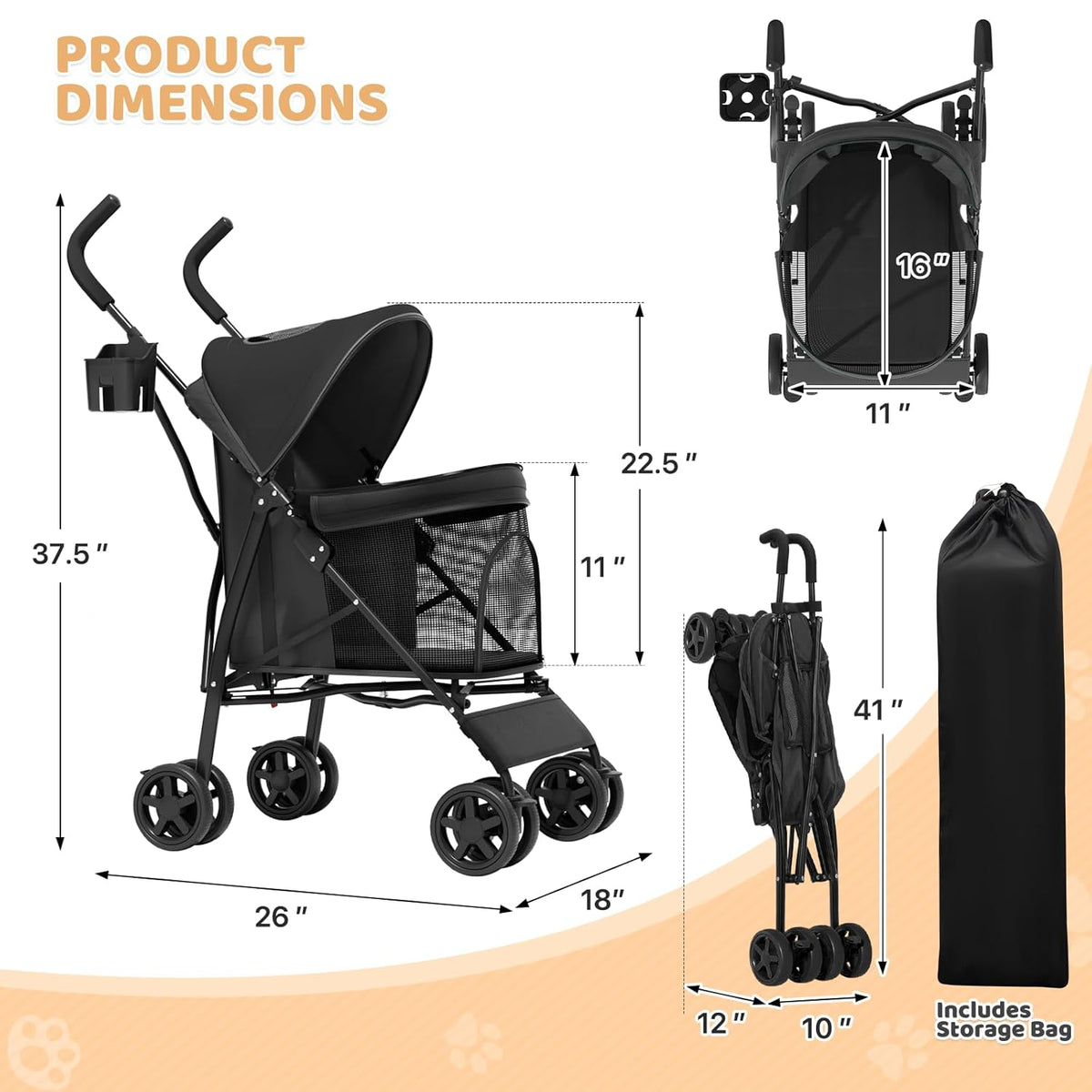 Magshion Compact Pet Stroller for Small-Medium Dogs/Cats up to 22lbs, 4-Wheel Lightweight Umbrella Shaped Portable Puppy Travel Jogger with Breathable Mesh, Cup Holder & Rear Storage, Black