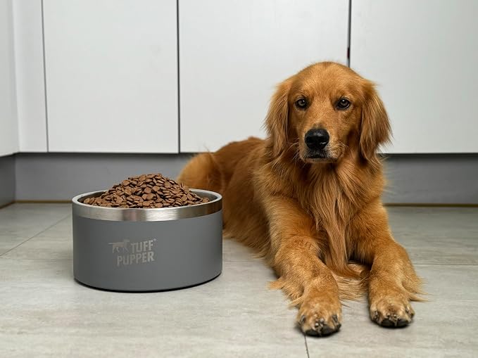 Tuff Pupper Heavy Duty Insulated Dog Bowl | Double Wall Stainless Steel Dog Food Dish | Non-Slip Spill Proof Dishwasher Safe Cat Bowl | Water Dish for Feeding Large Medium Small Pets (188oz, Grey)