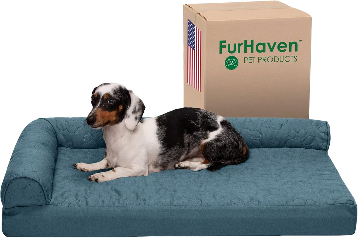 Furhaven Cooling Gel Dog Bed for Medium/Small Dogs w/ Removable Bolsters & Washable Cover, For Dogs Up to 35 lbs - Pinsonic Quilted Paw L Shaped Chaise - Bluestone, Medium