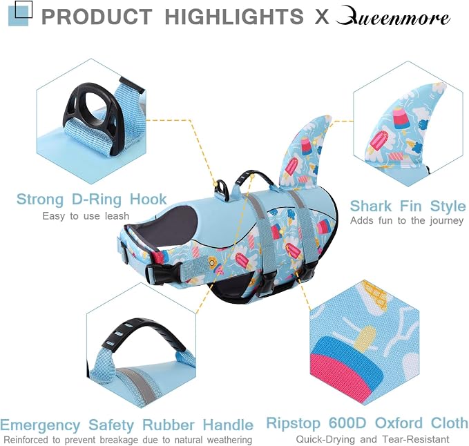 Shark Dog Life Vest - High Buoyant Jacket, Ripstop Flotation Swimsuit for Small, Medium, Large Dogs (Blue Ice Cream, L)