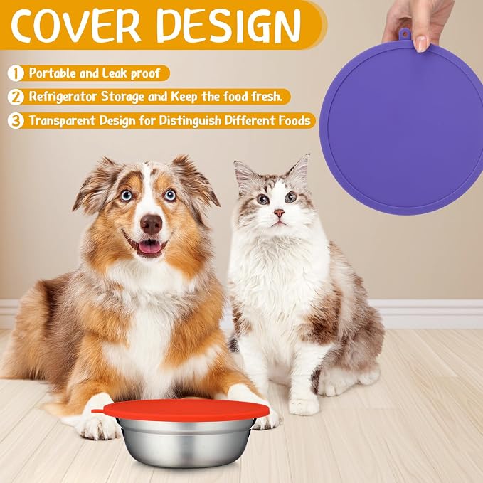 Patelai 8 Pcs Stainless Steel Dog Bowls 7.9" with Silicone Lids Portable Food and Water Dishes for Pets Sealable Containers for Small Medium Dog Cat Indoor (Red,Purple,Green,Blue)