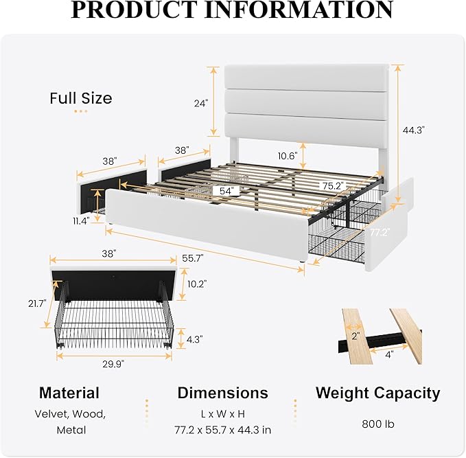 SHA CERLIN Full Size Platform Bed Frame with 4 Storage Drawers, Velvet Upholstered Headboard, Mattress Foundation with Wooden Slats Support, No Box Spring Needed, Easy Assembly, White