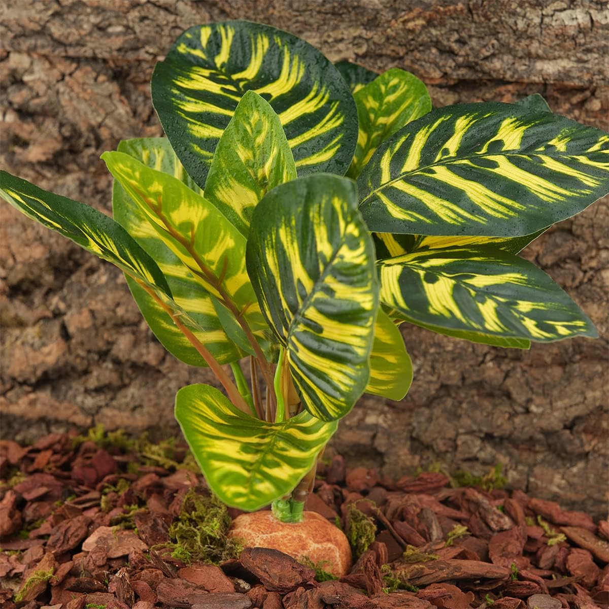 Reptile Terrarium Decor Plants, Bearded Dragon Tank Accessories fit Crested Gecko Leopard Lizard Chameleon Ball Python Snake Frog - Yellow Fake Prayer Peacock Plants