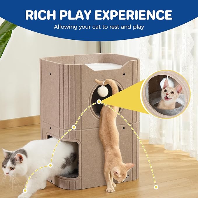 Cat House for Indoor Cats Large Cat Bed Cave 2-Storey Cats Condo with Cozy Felt Covered Hideaway for Multiple Pets Beige