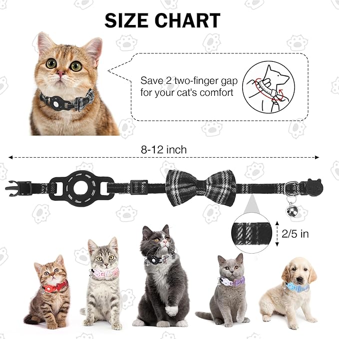 Airtag Cat Collar Breakaway, Cat Collar with Airtag Holder with Bells and Bowtie for Girl Boy Cats, Lightweight Adjustable Kitten Plaid Collars GPS Tracker Holder for Small Dogs Pets, Black