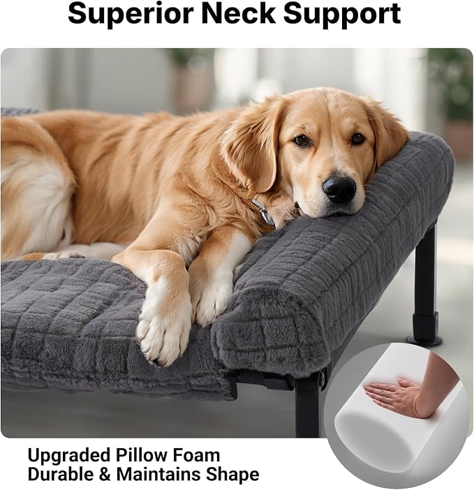 Veehoo Elevated Dog Bed with Fluffy Plush Bolster Cushion, Dog Couch Bed | Cooling Raised Dog Bed for Large Dogs, Washable Orthopedic Pet Cot with Removable Mat, Breathable Mesh, Non-Slip, 48", Grey