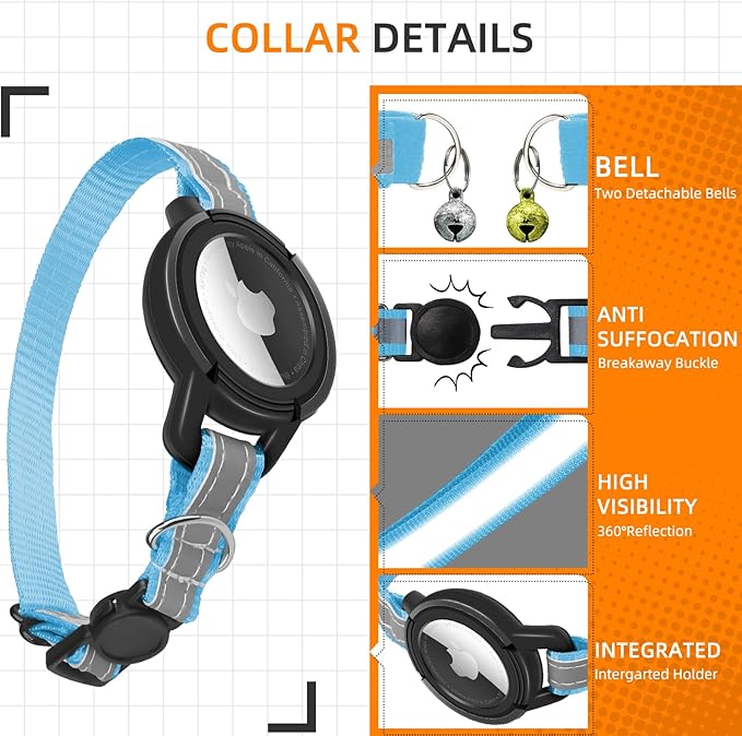 Airtag Cat Collar Breakaway, Odokele Reflective Cats Collars with Apple Air Tag Holder for Kitten, Cat GPS Tracker Adjustable Collars with Safety Quick Release Buckle for Kitties and Puppies - Blue