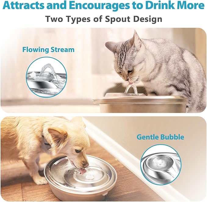 ORSDA Cat Water Fountain Stainless Steel, 2L Pet Fountain for Cats Inside, Dog Water Dispenser, Automatic Cat Drinking Fountains with 6 Replacement Filters for Cats, Small Dogs