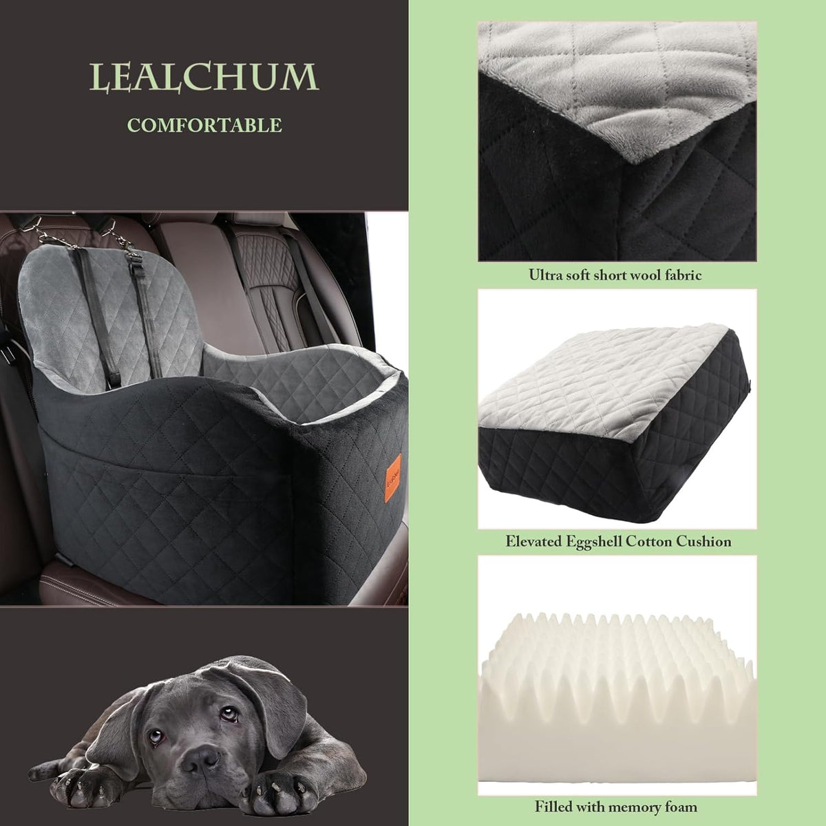 Dog Booster Car Seat for Small/Medium Dogs,6in Elevated Cushion,Fully Detachable and Washable,2 Storage Pockets & 3 Straps,Fits in Front/Back Seat,Easy to Install (Green,Medium)
