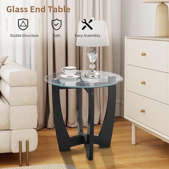 LKTART Glass End Table, 23.5" Round Side Tables with Tempered Glass Top Cross and Solid Wood Base Small Night Stand for Living Room Office Apartment Black