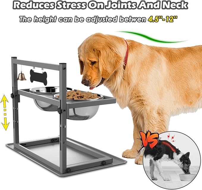 SHAINFUN Grey Raised Dog Bowl Stand with Two 1700ml Stainless Steel Food Bowl, a Slow Feeder and Silicone Pet Feeding Mat, Adjustable Dog Feeder, Elevated Dog Bowls for Large Medium and Small Dogs