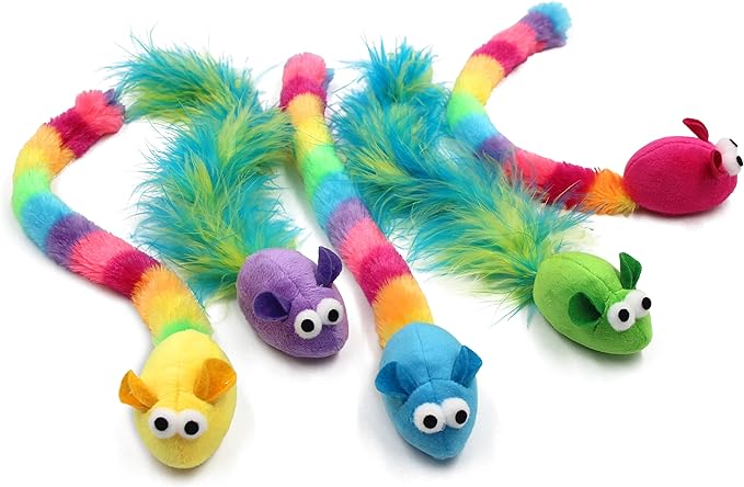 5 Pack Interactive Catnip and Feather Cat Toys, Multi-Colored Mice with Long Feather Tail, Accessories for Indoor Cat, Catnip Plush Toys with Natural Feathers and Rattles