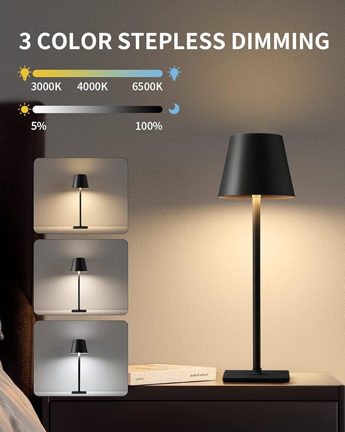 KDG Cordless Table Lamp, Portable LED Desk Lamp, 5000mAh Battery Operated, 3 Color Stepless Dimming Up, for Restaurant/Bedroom/Bars/Outdoor Party/Camping/Coffee Shop Atmosphere Night Light(Black)