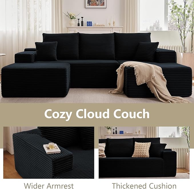 107" U-Shape Cloud Couch, Modern Modular Sectional Comfy L-Shape Sofa with Ottoman, Deep Seat, Upholstered Corduroy Sleeper Chaise Longue for Living Room Bedroom, No Assembly Required, Black