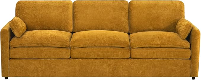 89" Chenille Modern Couch with Cozy & Soft Backrests, 3 Seats Sofa with 2 Extra Pillows, Comfy Upholstered Sofa with Thicker Cushions for Living Room, Office,Yellow