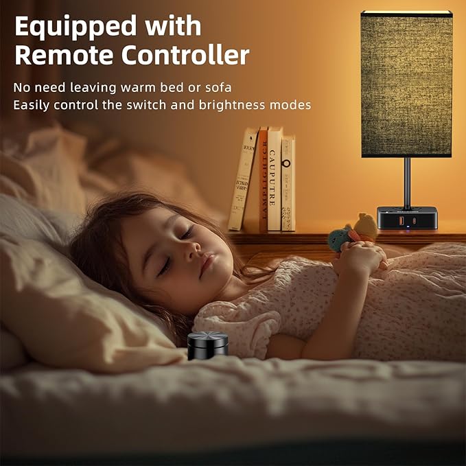 Table Lamp with Remote Operation Control for Bedroom,Dimmable Bedside Table Desk Light with USB C+A Charging Ports 2 AC Outlets,Nightstand Lamp White Shade Lamp for Living Room,Dorm,Home Office,Decor