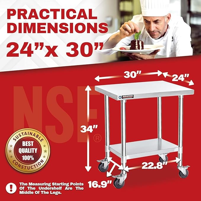 DuraSteel 24x30 NSF Stainless Steel Cart Work Table - Heavy Duty Rolling Food Prep Table Countertop Island - Metal Utility Cart on Wheels Caster, Grill Stand Storage Outdoor Kitchen Tables Bar Top