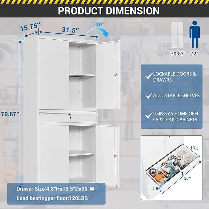 71" Metal Cabinet-White Heavy Duty Storage File Cabinet Steel Tool Cabinets