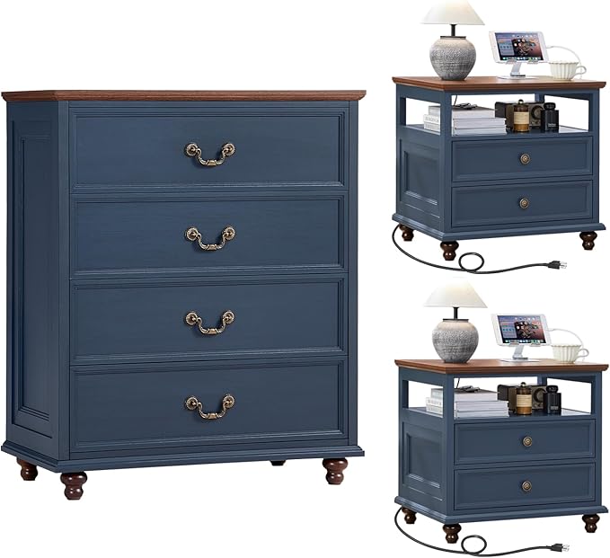 24" Wide Farmhouse Nightstand with Charging Station Set of 2,54" 7 Drawers Dresser, 37" Tall Rustic Chests of Drawers, Farmhouse Furniture Series for Bedroom,DarkBlue