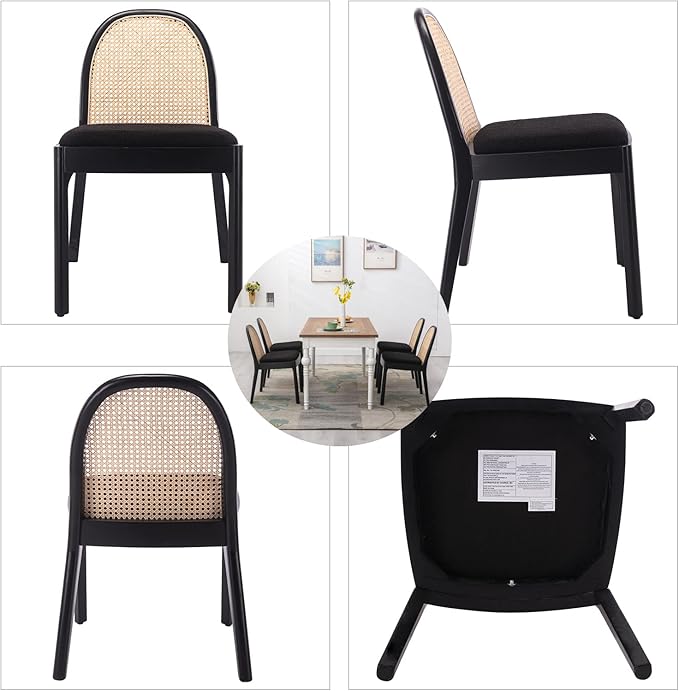 DUOMAY Mid-Century Modern Rattan Dining Chairs Set of 8, Wooden Dining Room Chair with Cane Backrest and Padded Seat, Black Sherpa Upholstered Dining Chair, Black Finish