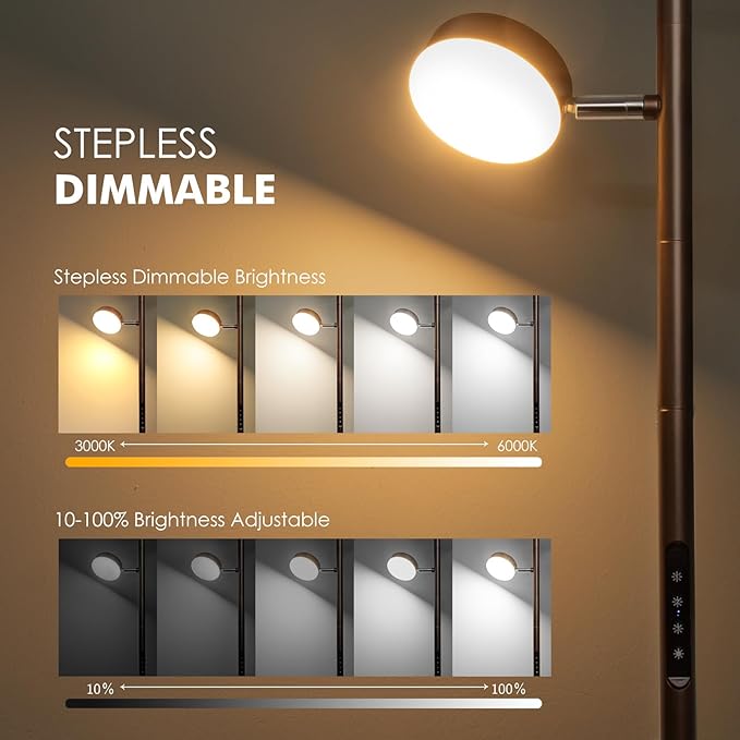 Dimmable LED Floor Lamp with Remote Modern Tall Standing Lamp with 3 Adjustable Heads Light Touch Control 4 Color Temperatures Timer Tree Floor Lamps for Living Room Bedroom Office Reading, Brown