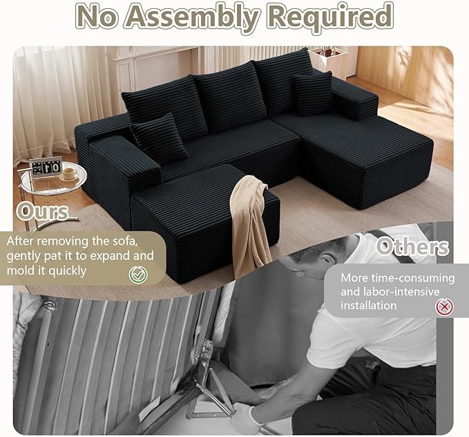 107" U-Shape Cloud Couch, Modern Modular Sectional Comfy L-Shape Sofa with Ottoman, Deep Seat, Upholstered Corduroy Sleeper Chaise Longue for Living Room Bedroom, No Assembly Required, Black