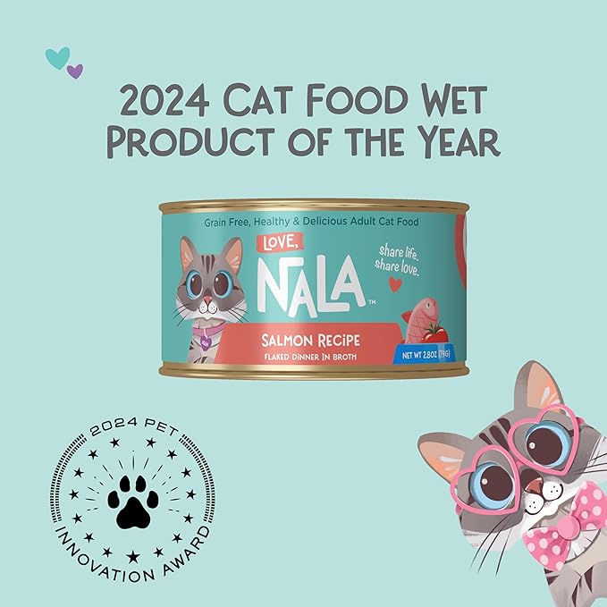 LOVE, NALA - Natural Adult Cat Wet Food - FLAKED Salmon in Broth - Grain Free, Non-GMO, Lean Protein with Omega 3, Added Minerals & Vitamins - 12 Pack, 2.4 lbs.