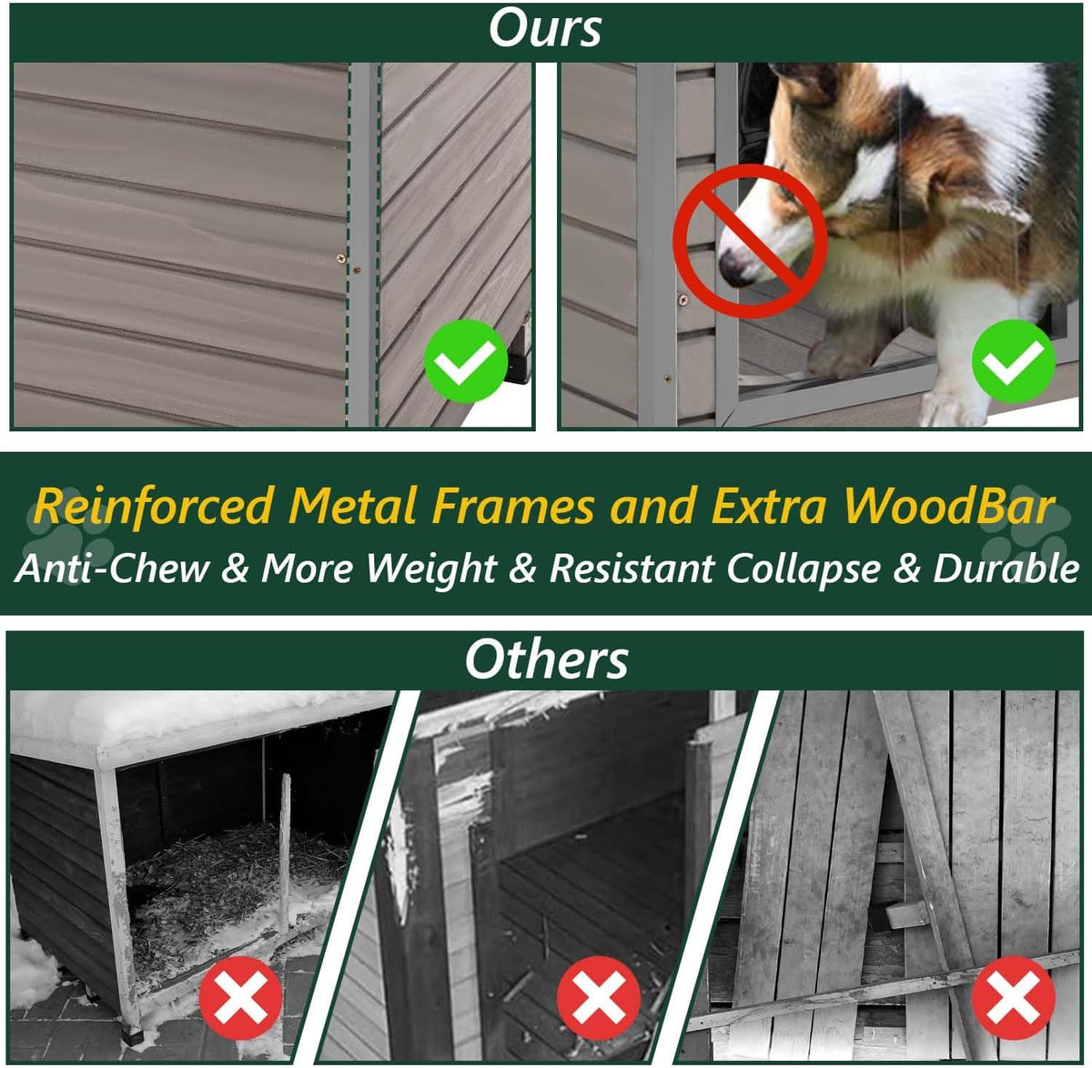43.3" L Dog House Outdoor for Large Breeds Dogs Anti Chewing Iron Frames Dog Kennel Wooden Pet Houses for Indoor Outdoor with Weatherproof Roof,6 Elevated Feet, Reinforced Bottom Support