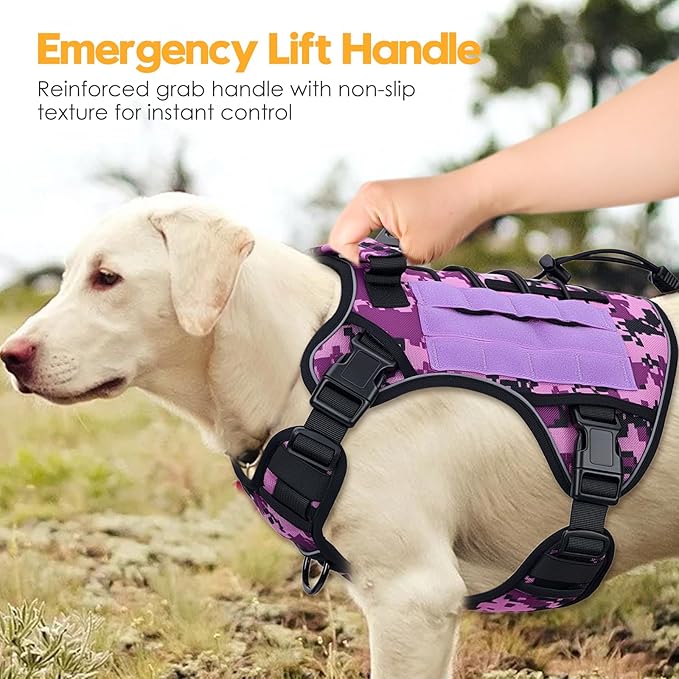 Heavy-Duty Tactical Dog Harness for Large Dogs, No Pull Adjustable Reflective Pet Vest with Molle System, K9 Military-Grade Control for Service Training, Outdoor & 10+ Breeds, Purple Camo, Large