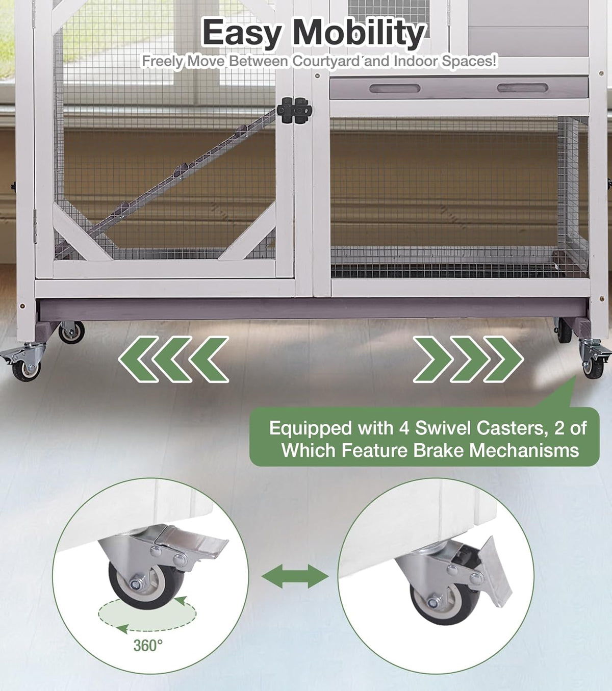Rabbit Hutch 2-Story Wooden Bunny Cage with 2 Leak-Proof Sliding Trays, Chew-Proof Metal Mesh, Rainproof Cover, Indoor & Outdoor Guinea Pig House with Wheels - Grey